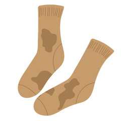 Dirty Socks. Socks in flat style isolated on white background. Hand drawn winter autumn cozy accessory. Socks bad smelly and unclean, Unpleasant smell from dirty sock. Dirty laundry, dirt stains,