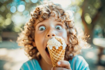 Naklejka premium Boy eating an ice cream cone. AI.