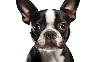 Fototapeta premium Cute Boston Terrier dog portrait, black and white puppy face close-up, pet animal headshot for vet and adoption ads isolated on Transparent Background
