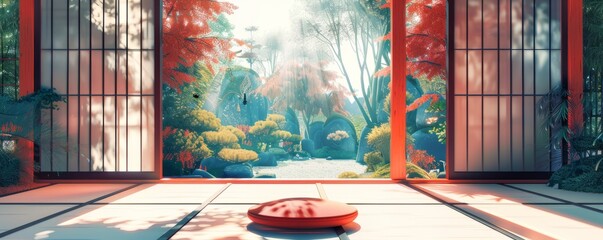 A stylized illustration of a traditional Japanese teahouse with tatami mats, shoji screens, and a serene garden.
