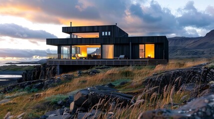 A modern house sits on top of a rocky hill.