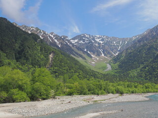 上高地　河童橋の北の穂高連峰山並みガイド看板付近から見た梓川と初夏の穂高連峰