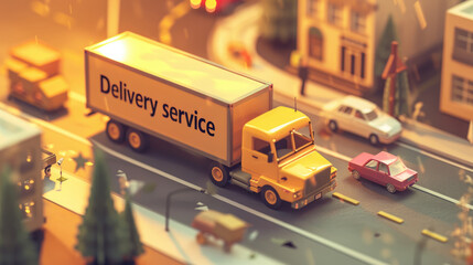 Obraz premium A yellow delivery truck on the road is driving towards an online store