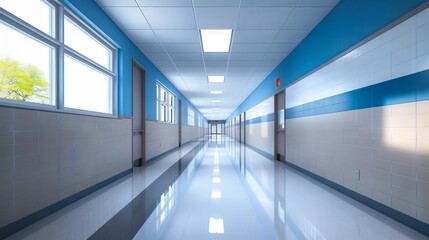 Obraz premium A long hallway with blue and white tiles.
