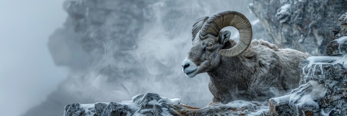Mountain goat in the mountains in winter