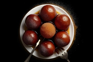 Obraz premium In Pune, India, vibrant orange Gulab Jamun dumplings are served in a classic Indian copper bowl, drenched in sweet syrup and topped with green pistachios.