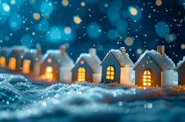 Christmas village with snow and lights.