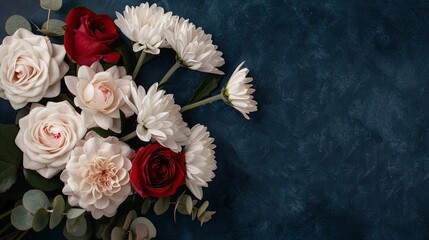 A bouquet of red, white, and pink roses and chrysanthemums arranged on a black background