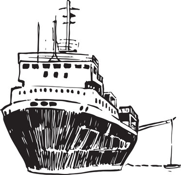 recommend clip art: A cruise ship front view sketch with  additional boat on the side. Simple marine ink sketch. Nautical theme vector drawing. Vehicle illustration.