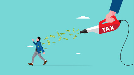 tax burden, bankruptcy or financial problem, increased corporate tax burden, burden of the company income tax, fearful businessman run away with dollars scattered and sucked up by a tax vacuum cleaner