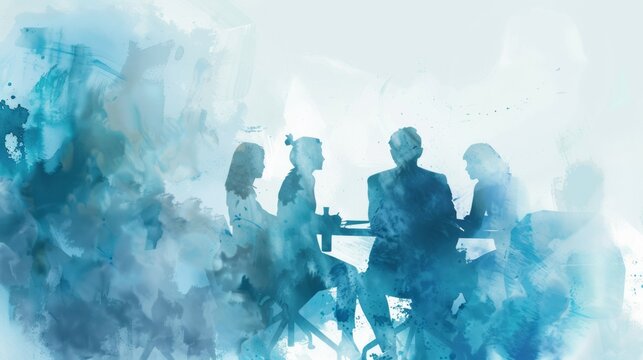Silhouettes of people in meeting watercolor background. Silhouettes of four people sitting around a table in a meeting, with a watercolor background.