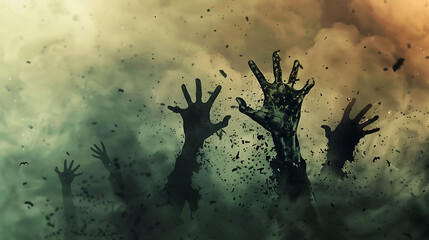Fototapeta premium Zombies rising from the grave in a postapocalyptic world