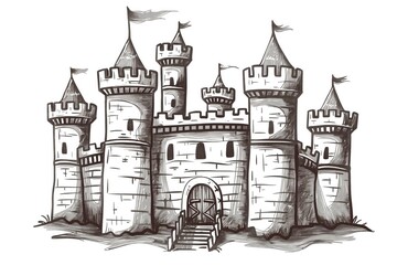 Obraz premium Medieval castle sketch with turrets and flags, fortress illustration, historical architecture concept