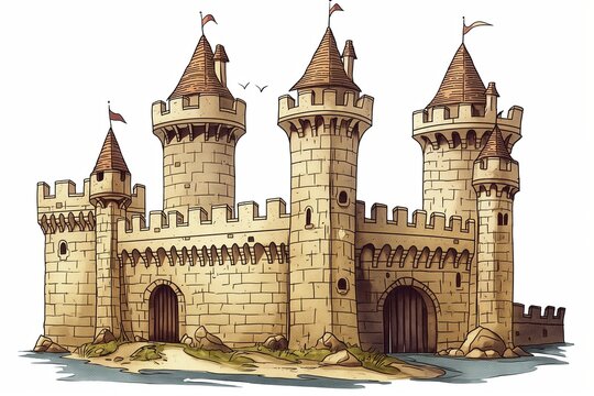 Medieval stone castle with four towers and flags representing an ancient fortress concept