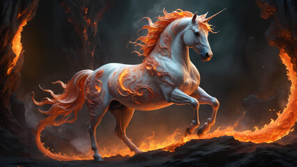 Obraz premium A Unicorn Horse crafted from swirling fire and lava