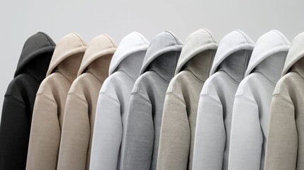 Obraz premium Three girls in a row, wearing blank hoodies. Charcoal gray, white, and another white from left to right