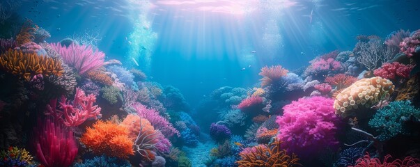 Naklejka premium Magical underwater scene with colorful coral reefs, 4K hyperrealistic photo