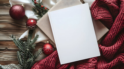 A blank White A4 paper mockup on top of a book and Christmas ornaments to give a Christmas vibes.