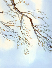 Watercolor landscape. Old bare tree