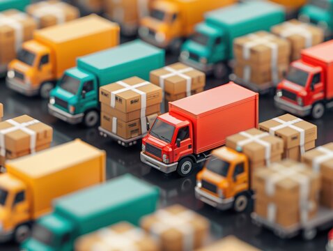 High-angle view of busy dispatch area with vehicles and packages, emphasizing logistical efficiency, with copy space and deep depth of field.