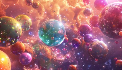 Fototapeta premium Vivid Cosmic Illustration with Colorful Spheres Resembling Distant Planets