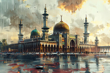 watercolor painting sketch of a green mosque with a green dome, prophet mosque in medina, 