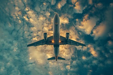 Fototapeta premium Airplane Soaring Through a Dramatic Cloudy Sky at Sunset