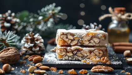 Turron Stack, Traditional Christmas Food in Spain, Honey, Sugar, Nuts, Dark Background, Copy Space