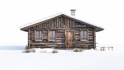 Isolated Wooden Cabin Surrounded by Snow Under Pristine White Sky, Ecolodge, Copy Space