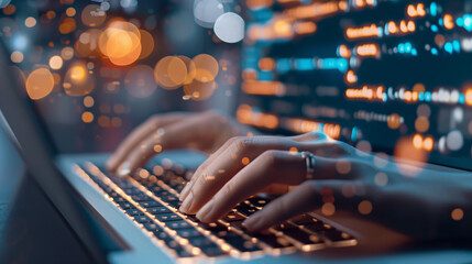 Close-up of hands typing on a laptop keyboard with code on the screen. Concept of programming, cybersecurity, and software development.