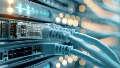 Close-up of network cables connected to servers in a data center. Technology infrastructure, cloud computing, and internet communication concept.