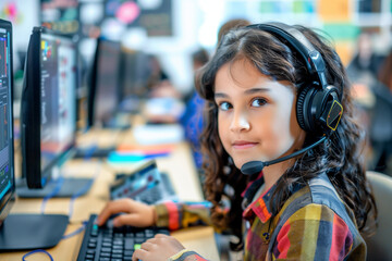 kids wearing headset in front of computer 