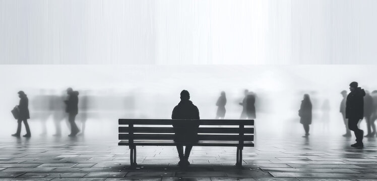 Lonely man sitting on bench watching invisible people passing by in the fog