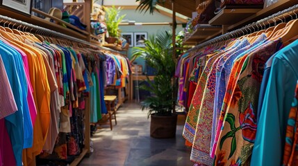 a vintage clothing store, filled with racks of colorful and unique garments.