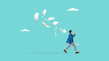 overwhelmed with completing the excessive workload, stressed and tired from business problem and trouble, burnout and depression , confused and fearful businessman runaway from chasing paperwork