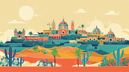 Naklejka premium Illustration of a Mexican town with colorful buildings, cacti, and palm trees under a sunny sky.