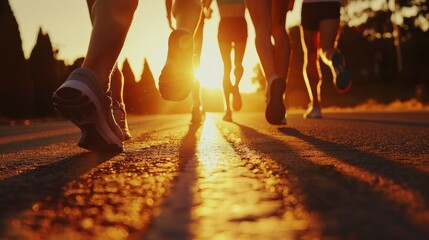 close up legs runner group running on sunrise road