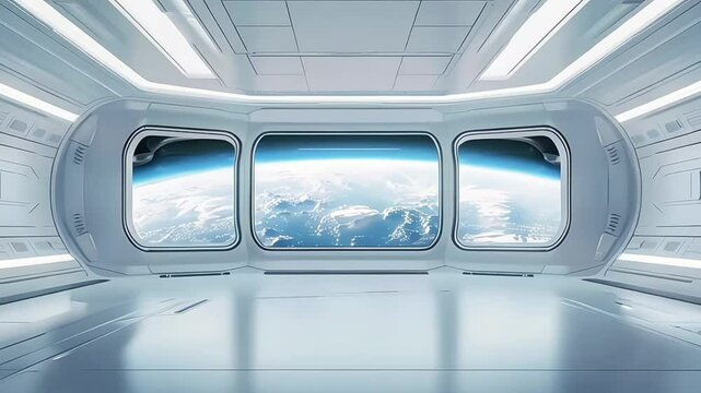 Spaceship interior with view on Earth 3D rendering elements