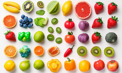 Vegetables, fruits and berries isolated on a white background. Flatley. Rainbow.