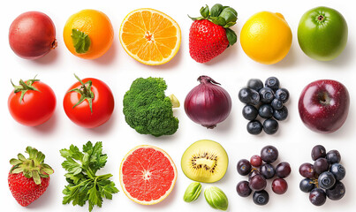 Naklejka premium Vegetables, fruits and berries isolated on a white background. Flatley. Rainbow.