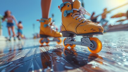 Close-up of vibrant yellow roller skates in action on a sunny boardwalk, capturing the energetic vibe of a fun outdoor activity.