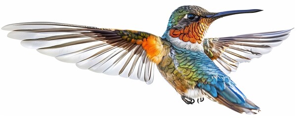 Obraz premium A photorealistic image of a hummingbird hovering in mid-air, its wings beating so fast they blur into motion.