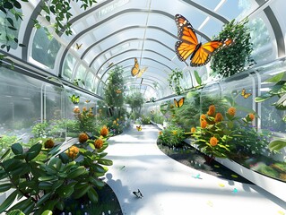 A futuristic conservatory with butterflies, lush greenery, and modern architectural design creating a unique and vibrant indoor garden.