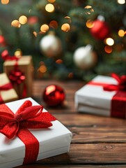 Christmas shopping cart filled with gifts, ideal for convenient holiday shopping with copy space, covering various objects, depth of field.