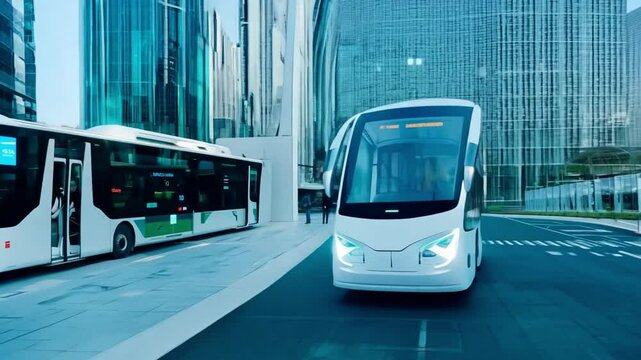 Template for landing page for autonomous shuttle bus. concept for driverless electric automobiles in smart cities of the future.