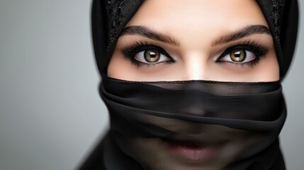Naklejka premium Captivating portrait of a young Muslim woman in a black hijab looking at the camera indoors.