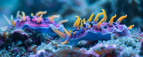 Vibrant nudibranchs crawling along the ocean floor, 4K hyperrealistic photo