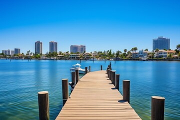 Fototapeta premium Wooden jetty on the lake blue sky
