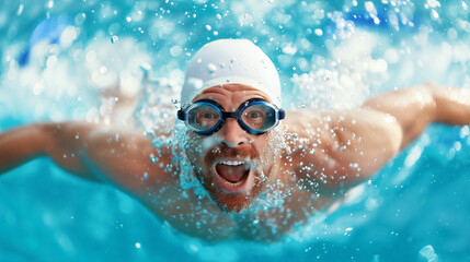 Excited male swimmer in goggles and swim cap, swimming underwater with water bubbles around. Perfect for promoting swimming events, sports, and fitness activities.
