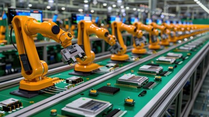 Robotic arms on an automated assembly line in a modern factory, showcasing advanced manufacturing technology and precision robotics.
